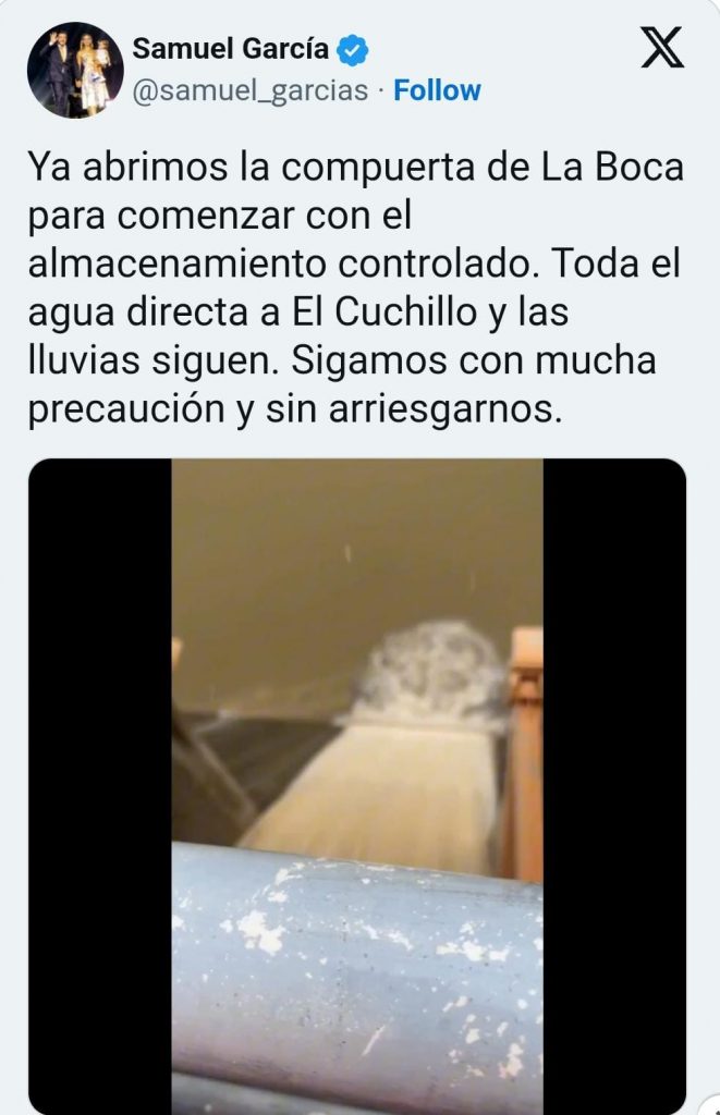 Samuel inicia almacenamiento controlado de agua en las presas de NL