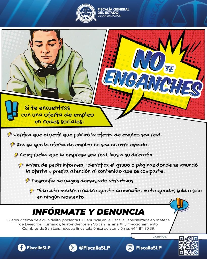 FISCALÍA DE SLP DETECTA MODUS OPERANDI EN OFERTAS DE TRABAJO PUBLICADAS EN REDES SOCIALES